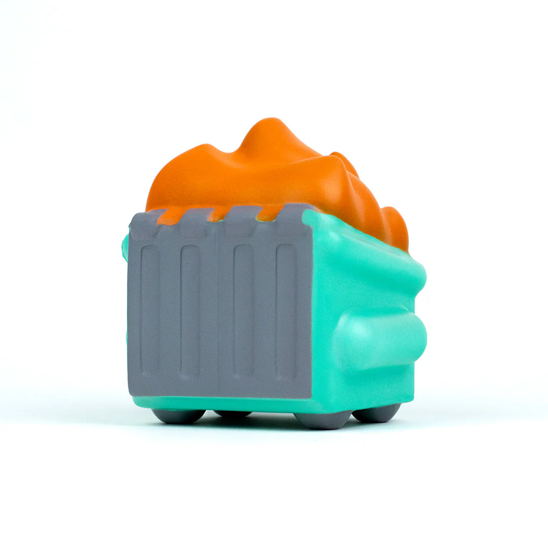 Dumpster Fire stress squishy angled back view with orange flame detail