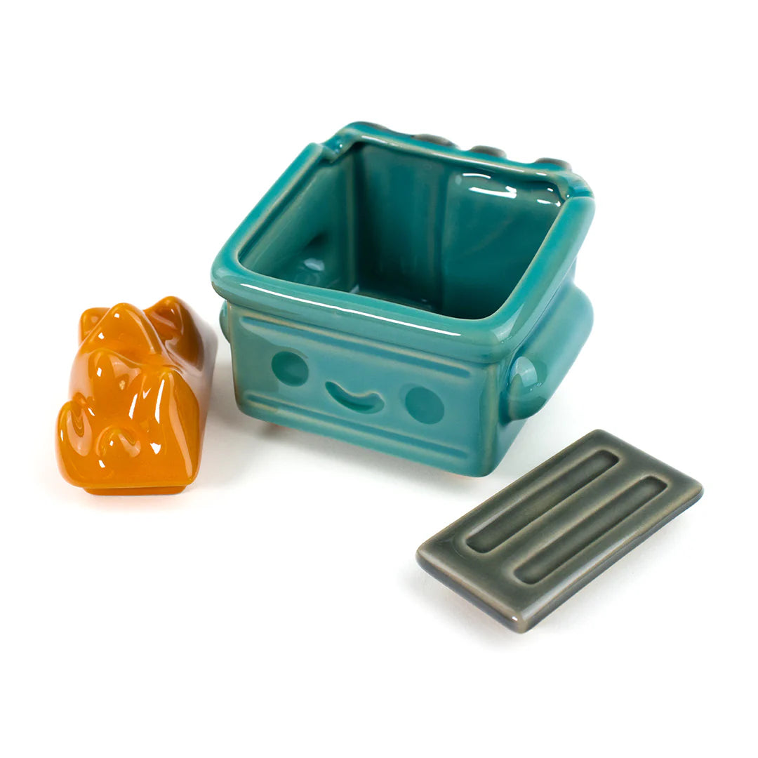 Open Dumpster Fire Trash Stash ceramic figure showing hidden storage space