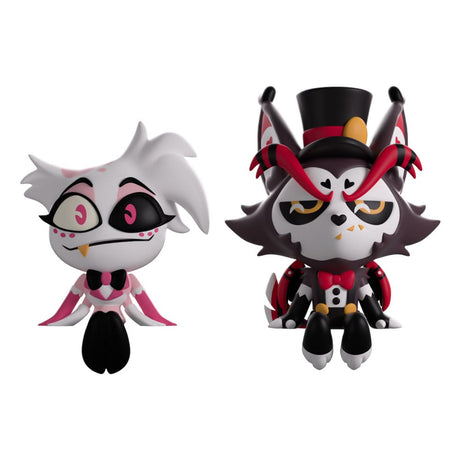 Angel Dust and Husk Hazbin Hotel Monitor Buddiez vinyl figures sitting side by side