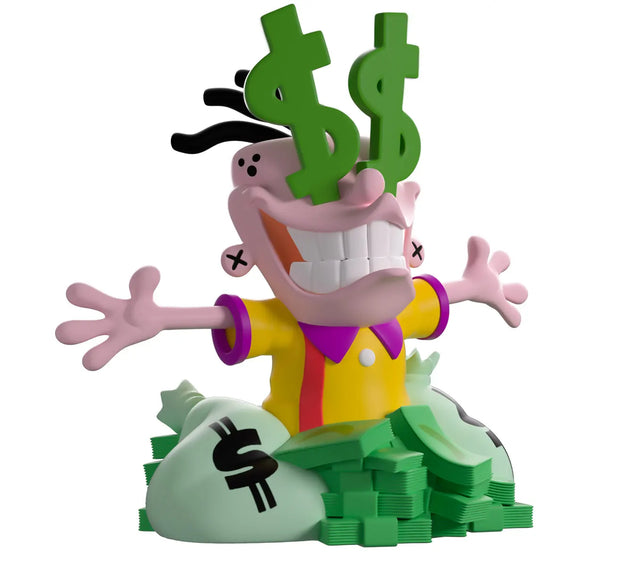 Front view of Eddy Ed Edd n Eddy Youtooz vinyl figure with dollar sign eyes and piles of cash