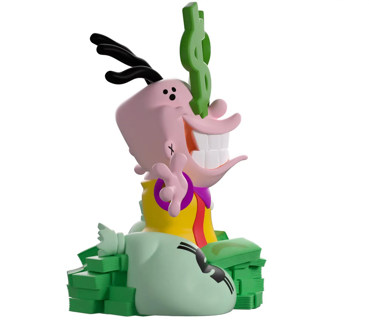 Side angle of Eddy Youtooz vinyl figure sitting among money bags and cash stacks