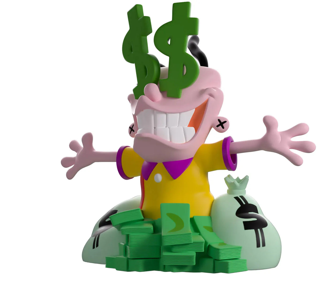 Angled front view of Eddy Ed Edd n Eddy Youtooz figure with money bags and green cash piles