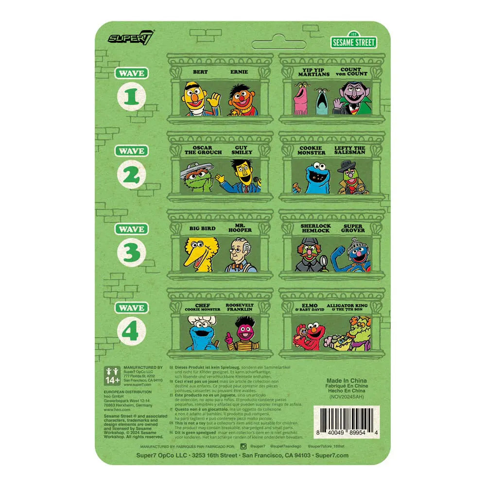 Back card of Sesame Street ReAction Wave 04 showing Elmo, Baby David, and other characters.