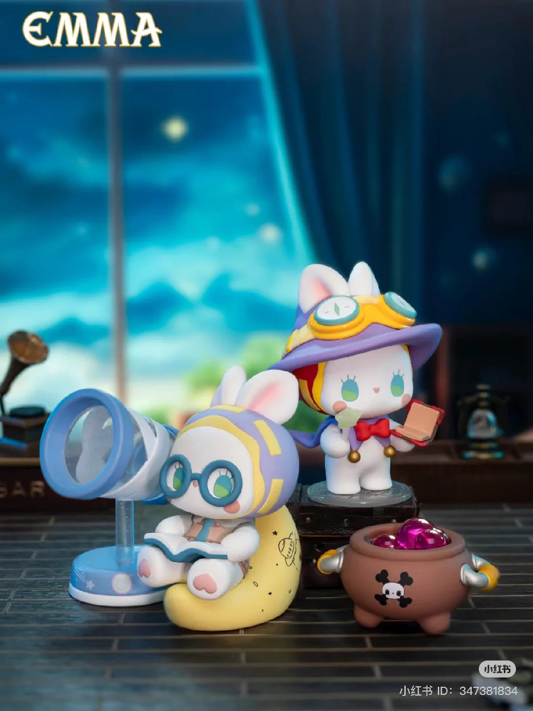 EMMA Fairy Babe Academy Starry Gaze Boop and Magic Magic Boop with telescope and cauldron at night.