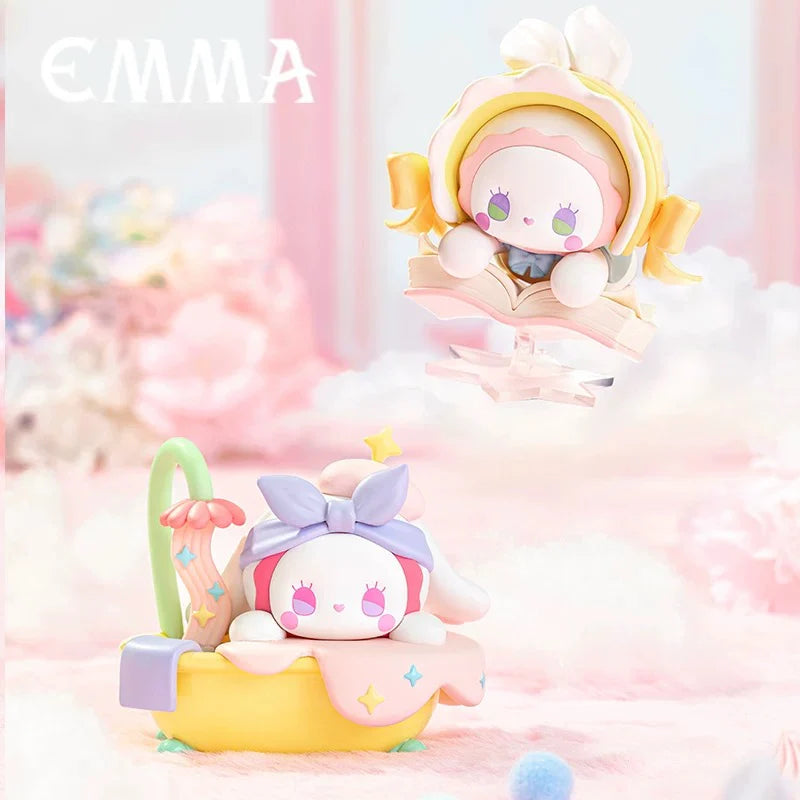 Reading World Emma floating with a book and Bubble Magic Emma in a pastel bathtub-style design.
