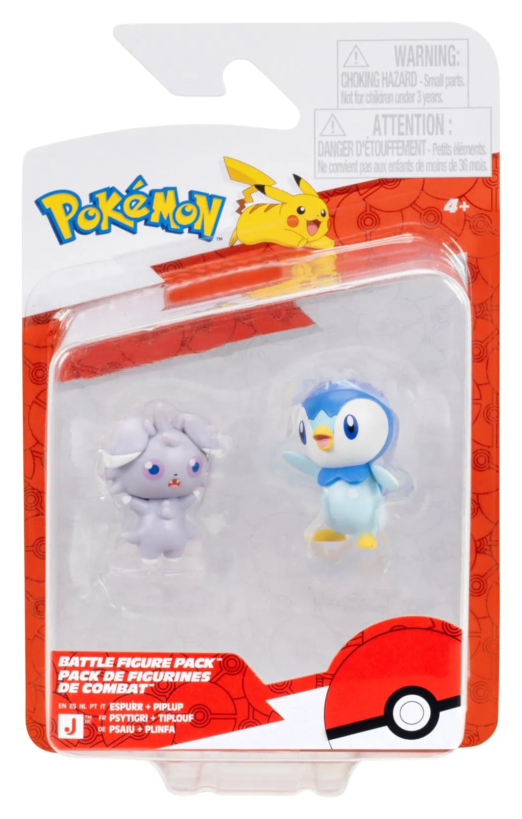 Official Pokémon Battle Figure Pack packaging with Espurr and Piplup.