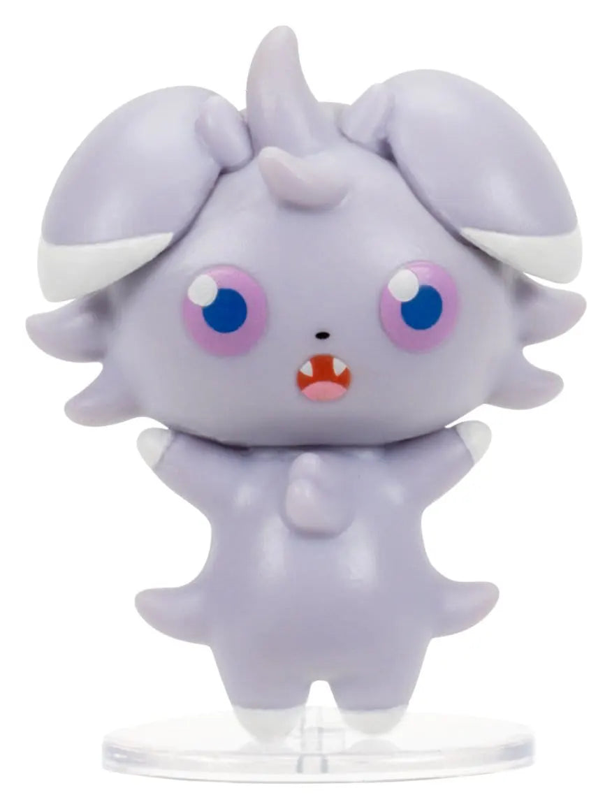 Front view of the Espurr Pokémon figure on a clear display base.