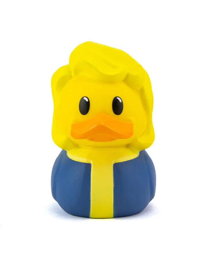 Front view of Fallout Vault Girl TUBBZ duck in blue and yellow vault suit