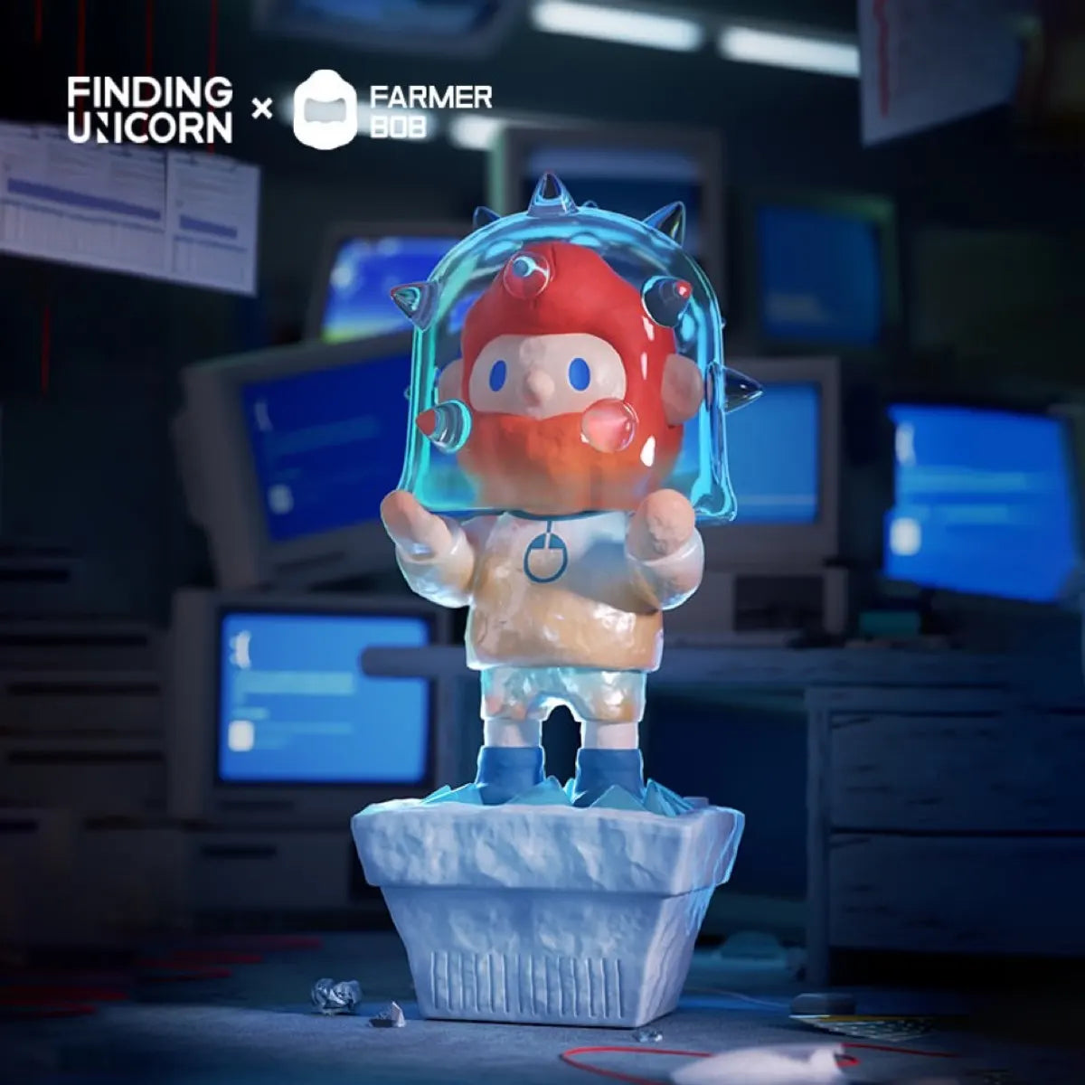Bob in a spiked transparent helmet surrounded by computer screens, Feeling You vinyl figure.