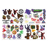 Four sheets of Five Nights at Freddy's reusable stickers featuring Freddy, Bonnie, Chica, Foxy, logos, and Security Breach artwork