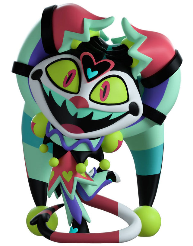 Close-up of Fizz Youtooz Helluva Boss vinyl figure showing glowing green eyes and heart forehead detail