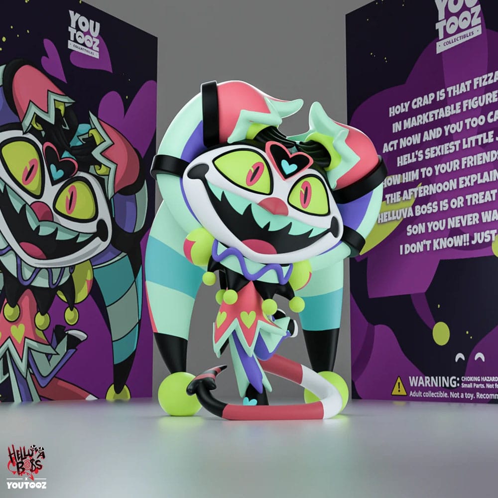 Fizz Youtooz vinyl figure from Helluva Boss standing in colorful jester outfit with curling arms
