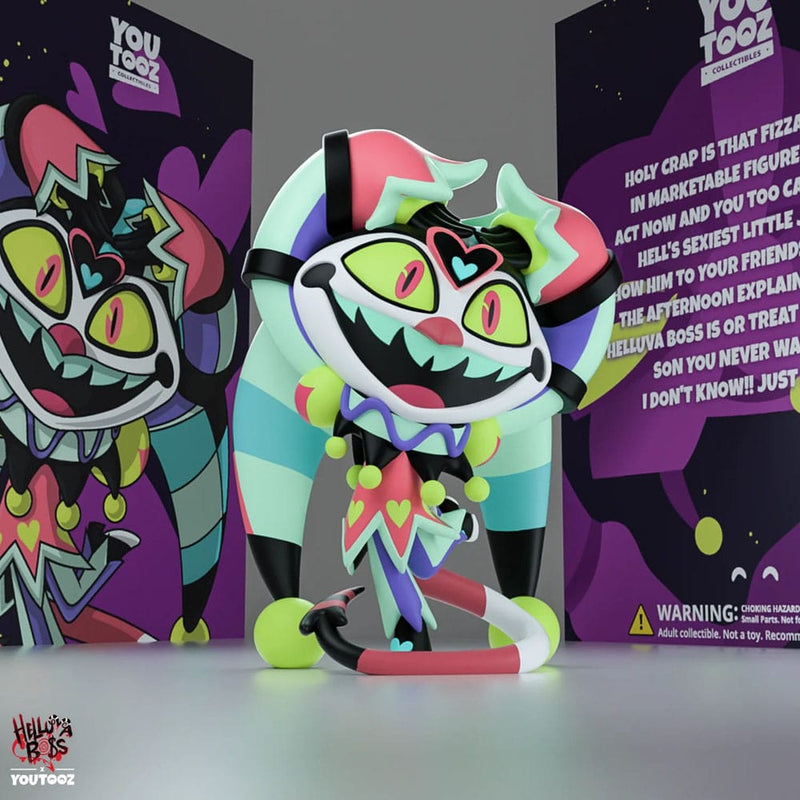 Fizz Youtooz vinyl figure from Helluva Boss standing in colorful jester outfit with curling arms