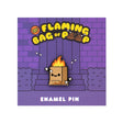 Flaming Bag of Poop Enamel Pin by 100% Soft featuring a smiling paper bag of poop on fire, soft enamel finish on purple backing card