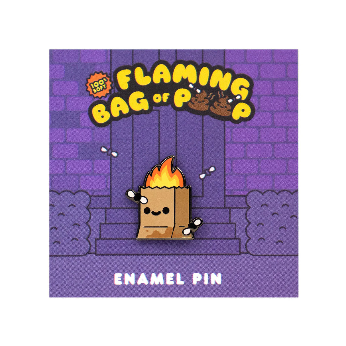 Flaming Bag of Poop Enamel Pin by 100% Soft featuring a smiling paper bag of poop on fire, soft enamel finish on purple backing card