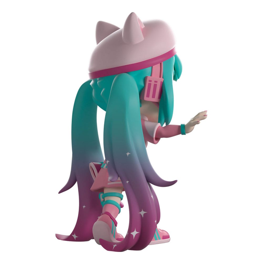 Side view of Neko Hatsune Miku Youtooz figure with cat ear hat and megaphone accessory