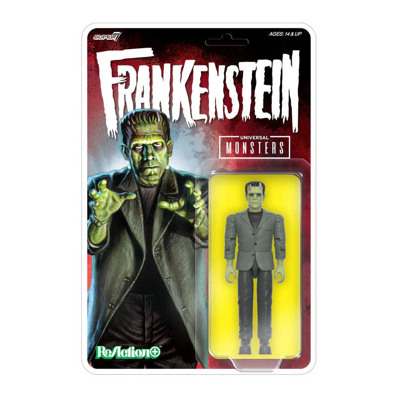 Front view of the Frankenstein Universal Monsters ReAction+ Figure Wave 02 by Super7 in retro illustrated blister card packaging.