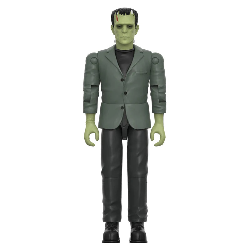 Frankenstein's Monster ReAction+ action figure by Super7 featuring the classic grey suit, green skin, and vintage-inspired sculpt.