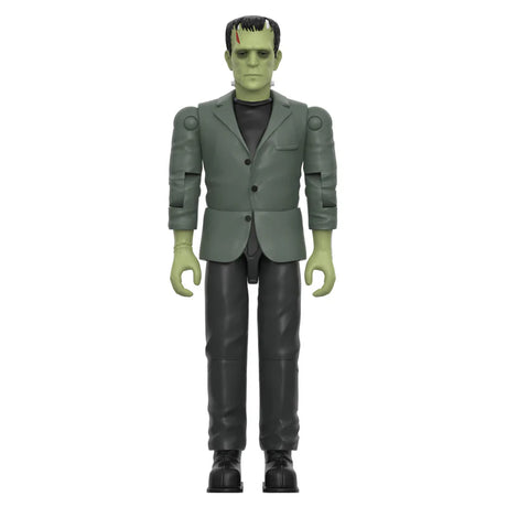 Frankenstein's Monster ReAction+ action figure by Super7 featuring the classic grey suit, green skin, and vintage-inspired sculpt.