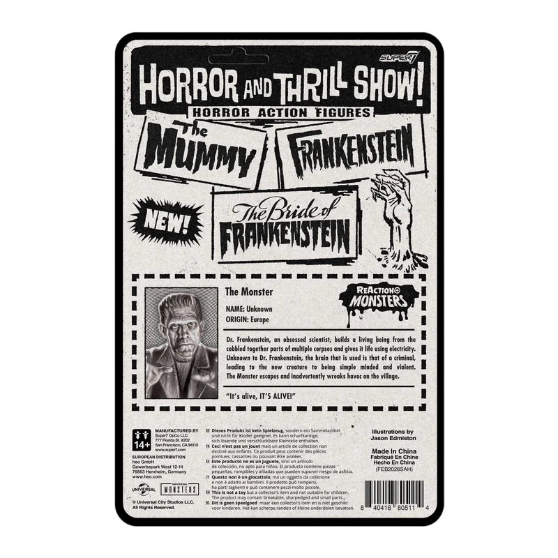 Rear view of the Frankenstein Universal Monsters ReAction+ Figure packaging featuring character artwork and product information.