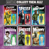 Universal Monsters ReAction+ Wave 02 collection featuring Frankenstein, Bride of Frankenstein, Dracula, The Mummy, The Wolf Man, and Creature from the Black Lagoon by Super7.