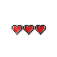Full Health enamel pin featuring three pixelated red hearts inspired by retro video games