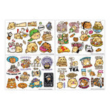 Fuzzballs Tech Sticker Pack showing four reusable sticker sheets with cute animal characters and snack-themed designs