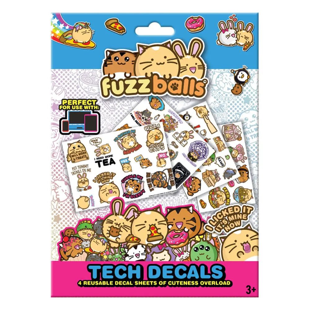 Fuzzballs Tech Decals sticker pack packaging featuring reusable vinyl stickers for laptops phones and tablets
