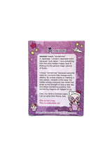Back of Tokidoki x Hello Kitty Galactic Cats packaging with brand story and Simone Legno artist description.