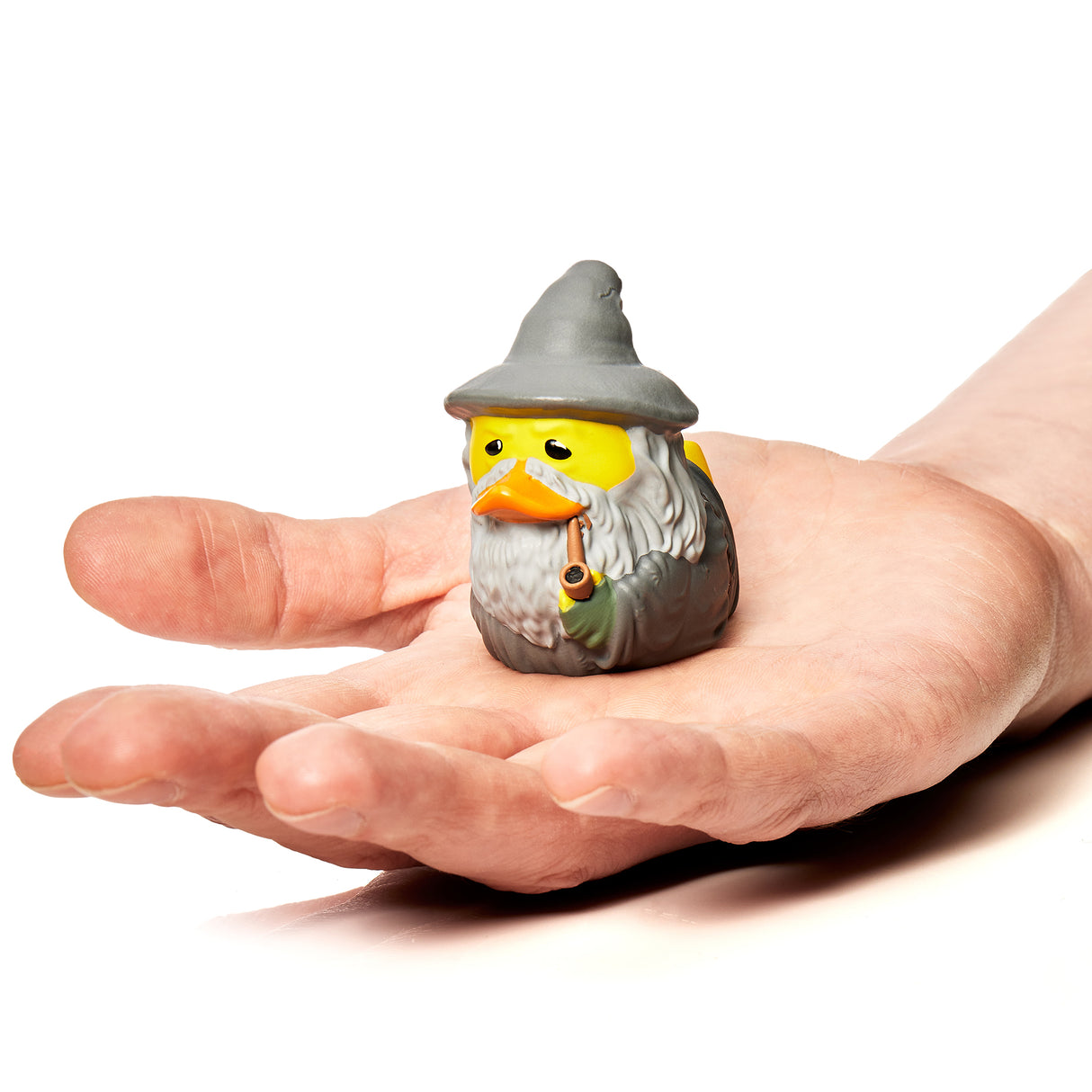 Gandalf the Grey Mini TUBBZ duck figure resting in an open hand for size reference.