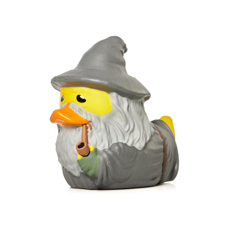 Side view of the Gandalf the Grey Mini TUBBZ duck figure showing grey robes and pipe.