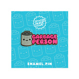 Garbage Person enamel pin displayed on branded backing card by 100% Soft