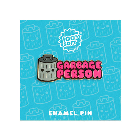 Garbage Person enamel pin displayed on branded backing card by 100% Soft