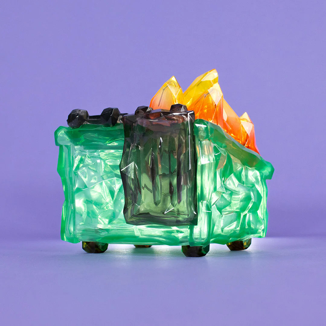 Close-up of Gem Dumpster Fire vinyl figure crystal flame and lid