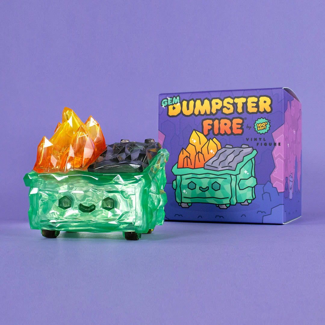 Gem Dumpster Fire vinyl figure by 100% Soft with translucent green dumpster and crystal flame details