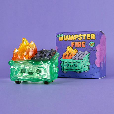 Gem Dumpster Fire vinyl figure by 100% Soft with translucent green dumpster and crystal flame details