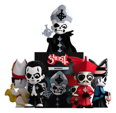 Ghost Blind Box vinyl figures by Youtooz featuring Papa Emeritus, Cardinal Copia, Papa Nihil and the collectible display box.