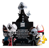 Rear view of the Ghost Blind Box Youtooz collection displaying multiple Ghost vinyl figures and collectible packaging.