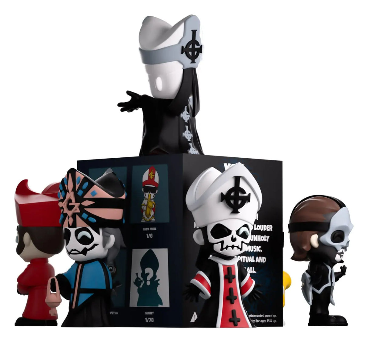 Side view of Ghost Blind Box vinyl figures by Youtooz showing Papa Emeritus characters, Cardinal Copia and mystery figure artwork.