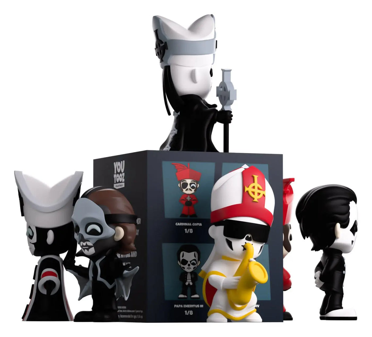 Ghost Youtooz Blind Box collection featuring Papa Nihil, Papa Emeritus figures, Cardinal Copia and premium blind box packaging.