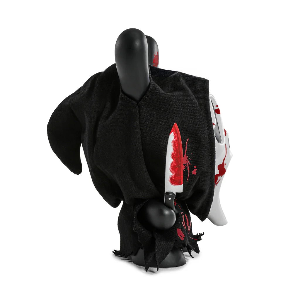 Ghost Face Dunny vinyl art figure side view with fabric hood