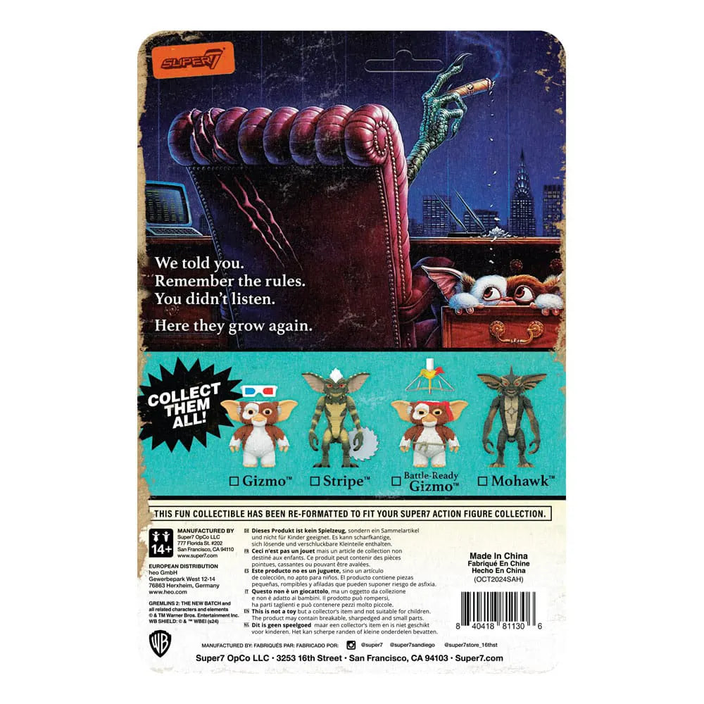 Gremlins ReAction Figure Wave 02 cardback packaging featuring Gizmo, Stripe, Battle Ready Gizmo, and Mohawk.
