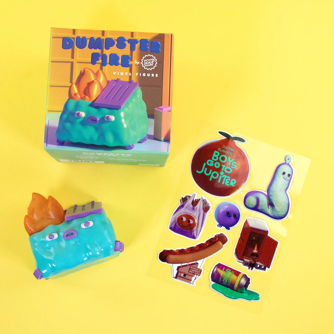 angled view of GlanderCo Dumpster Fire designer vinyl figure