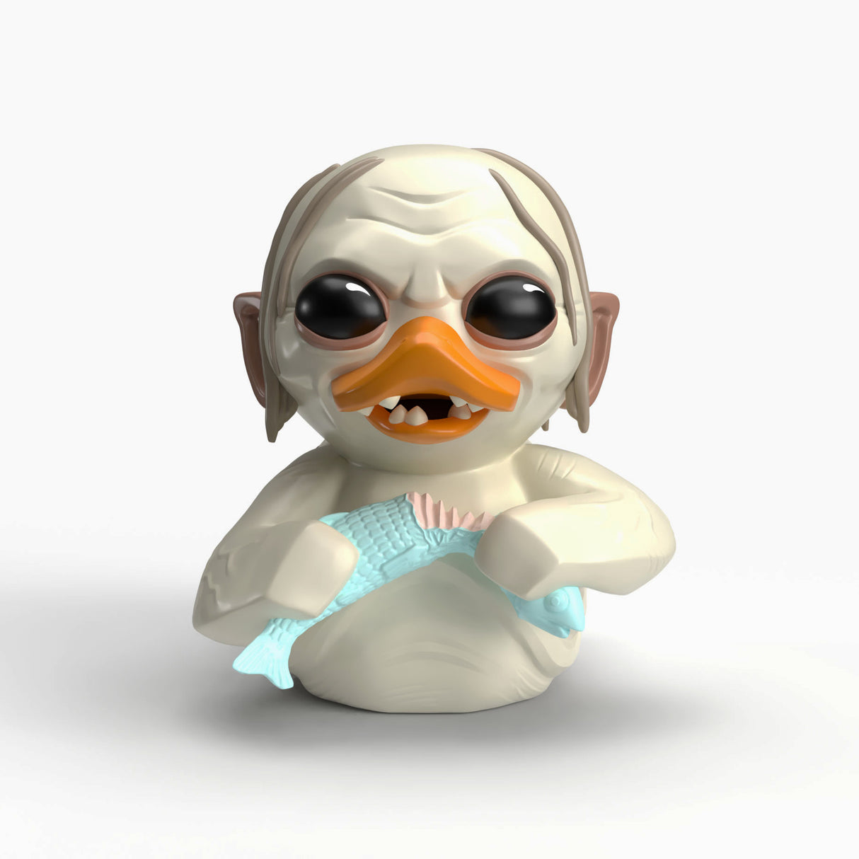 Front-facing view of Gollum Mini TUBBZ duck with big eyes and fish accessory