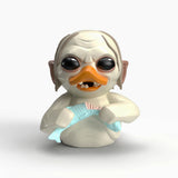 Front-facing view of Gollum Mini TUBBZ duck with big eyes and fish accessory