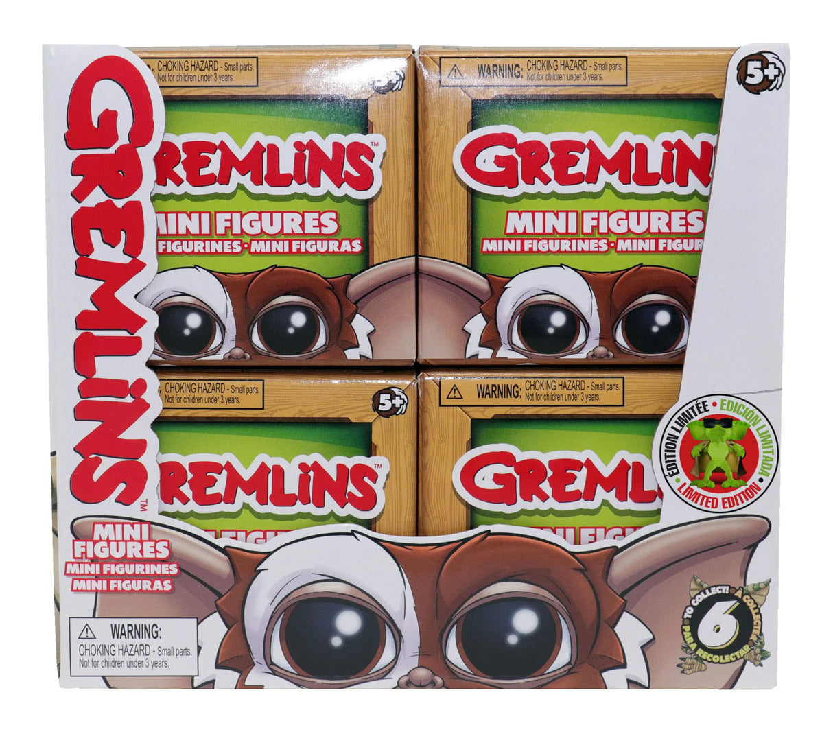 Gremlins Blind Box Wave 1 retail pack showing six individual blind boxes in display tray.