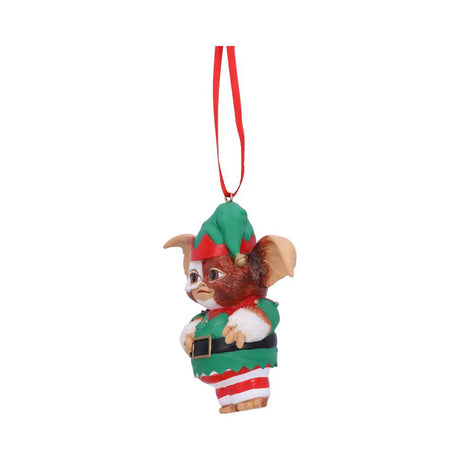 Side view of Gizmo dressed as a Christmas elf