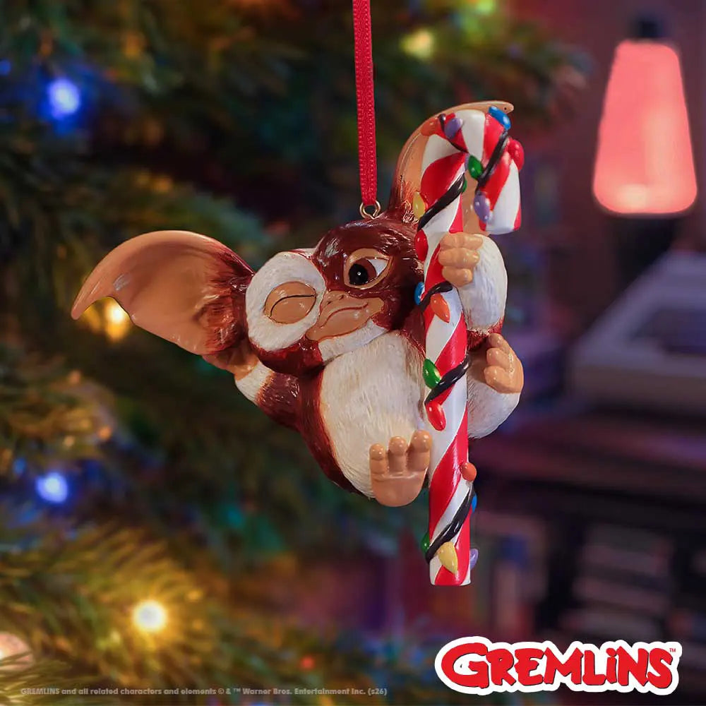 Gremlins Gizmo Festive Candy Cane Hanging Ornament displayed on a Christmas tree