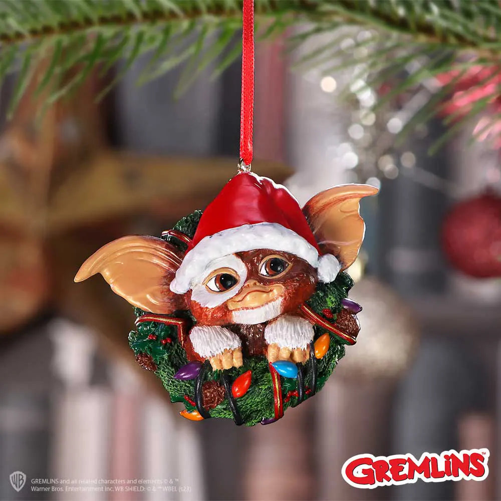 Gremlins Gizmo in Wreath Hanging Ornament displayed on a Christmas tree