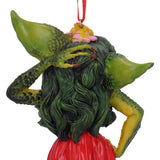 Rear close-up of Greta Gremlin ornament showing hairstyle and flower accessory